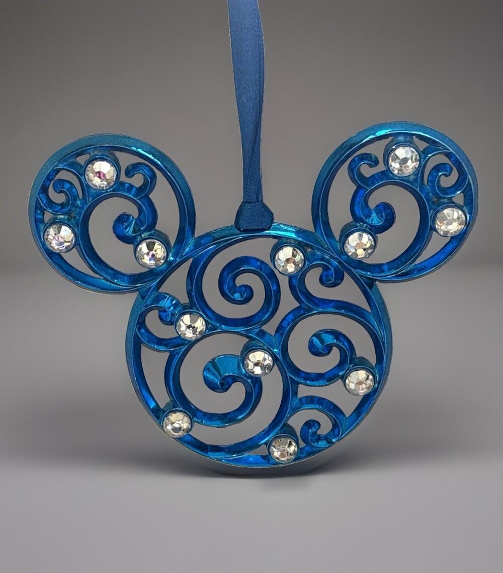 Disney Parks Mickey Mouse Blue Filigree Rhinestone Metal Ornament Holiday